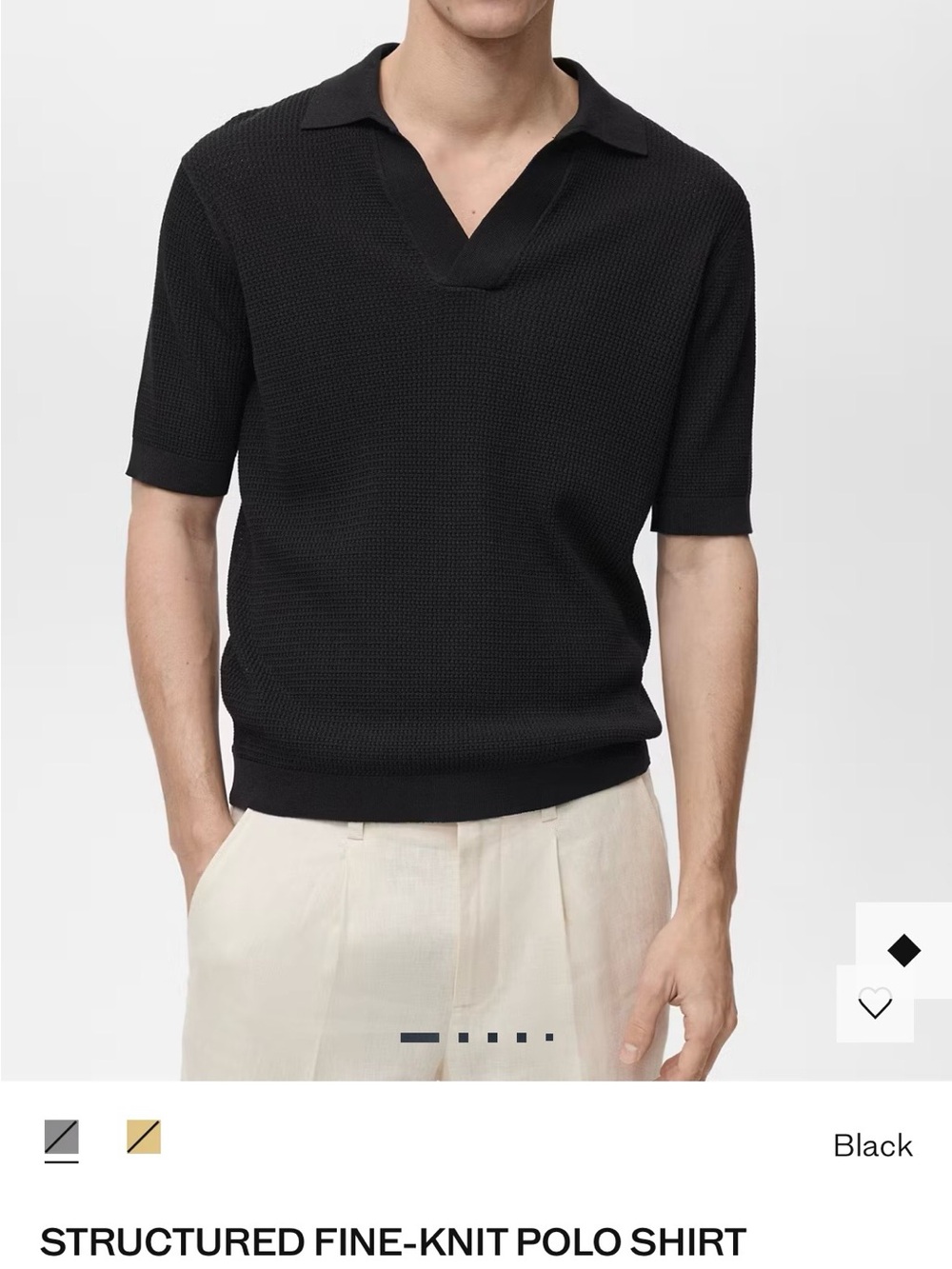Mango Men's Black Open V-Neck Knit Polo